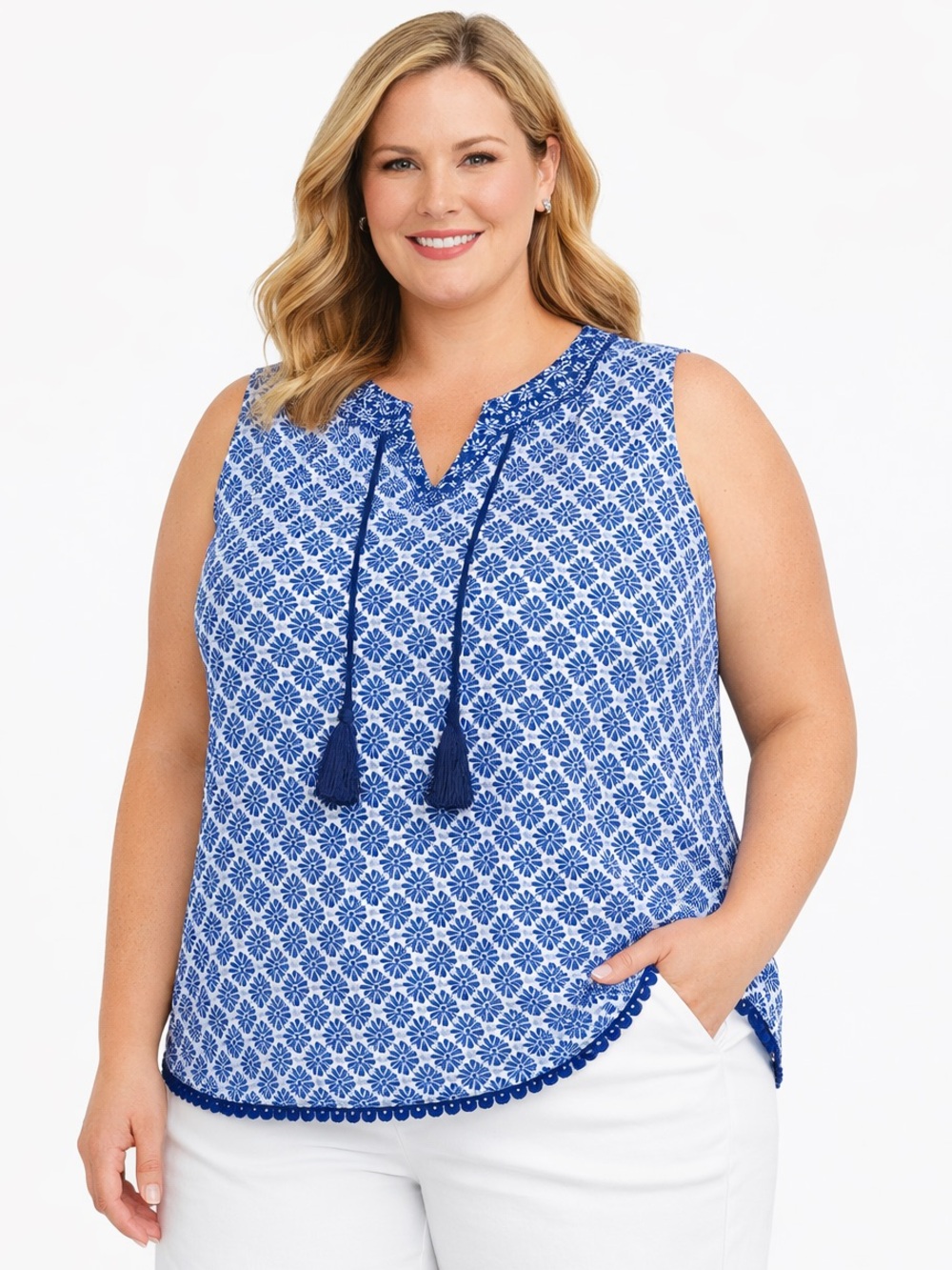 Talbots Split Neck Sleeveless Blouse Tank Tassels • NWT